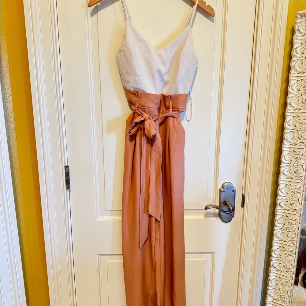 Two-Tone Spaghetti Strap Jumpsuit — White & Dusty Rose with Pockets size small